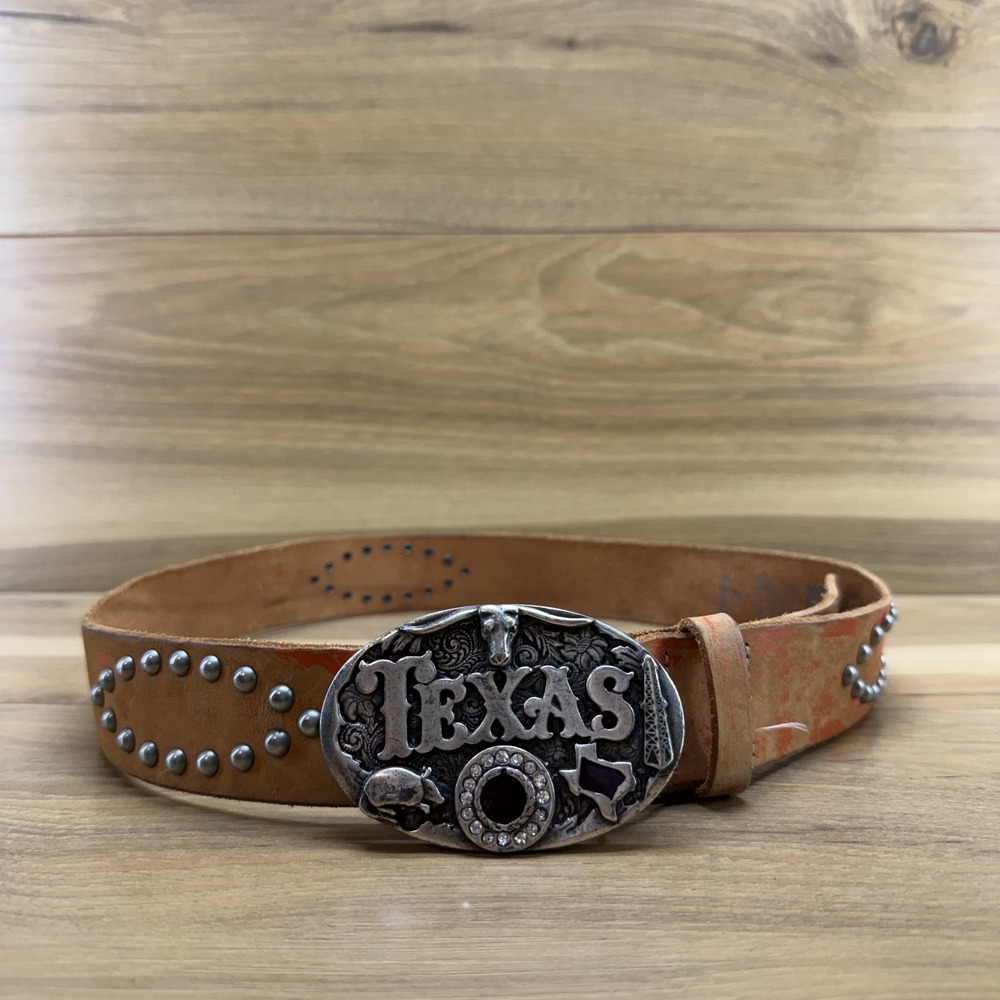 GAP Vintage Y2K TEXAS Longhorn Armadillo Studded Belt Large L Cognac Leather